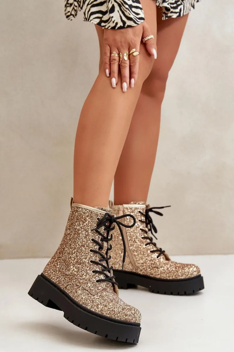 Clearance Ocieplane Botki Workery Damskie Ozdobione Cekinami Złote Liatheine Damskie Botki Sznurowane|Botki Płaskie