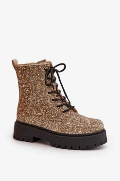 Clearance Ocieplane Botki Workery Damskie Ozdobione Cekinami Złote Liatheine Damskie Botki Sznurowane|Botki Płaskie