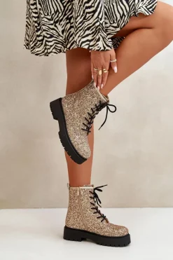 Clearance Ocieplane Botki Workery Damskie Ozdobione Cekinami Złote Liatheine Damskie Botki Sznurowane|Botki Płaskie