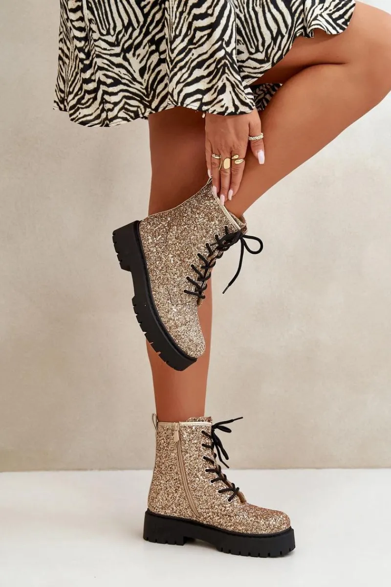 Clearance Ocieplane Botki Workery Damskie Ozdobione Cekinami Złote Liatheine Damskie Botki Sznurowane|Botki Płaskie