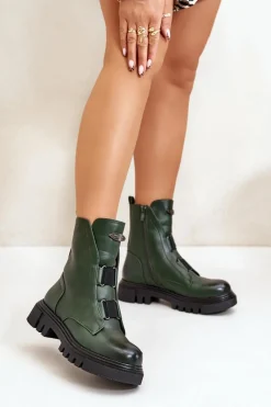 Botki Ocieplane|Botki Zimowe Damskie>Boto Ocieplane Botki Workery Damskie Na Zamek Eko Skórzane Zielone Mailyra