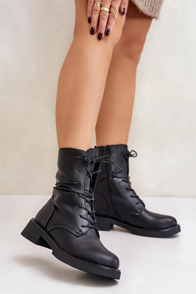 Botki Sznurowane|Czarne Botki>Evento Ocieplane Botki Workery Damskie Eko Skórzane Czarne Ellittia