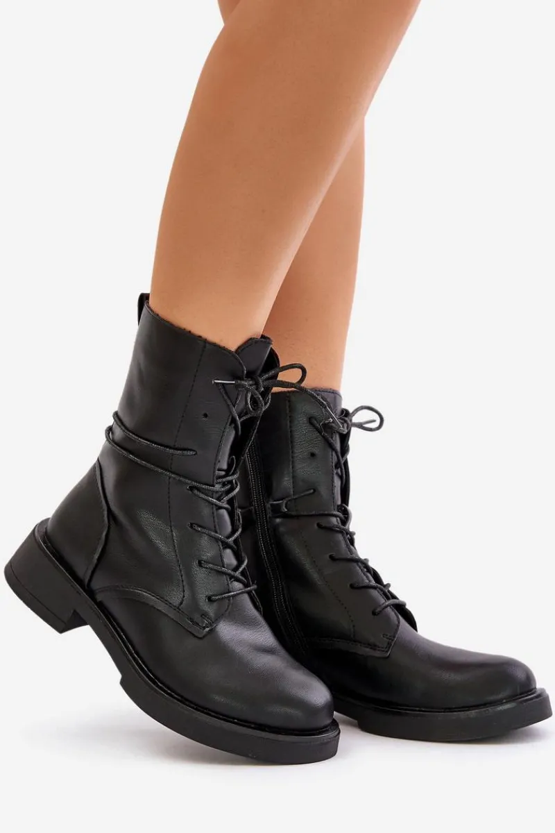 Botki Sznurowane|Czarne Botki>Evento Ocieplane Botki Workery Damskie Eko Skórzane Czarne Ellittia
