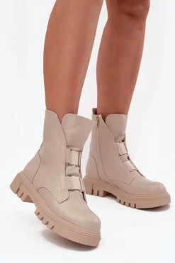 Hot Ocieplane Botki Workery Damskie Na Zamek Eko Skórzane Jasnobeżowe Mailyra Damskie Botki Zimowe Damskie|Brązowe I Beżowe Botki