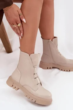 Hot Ocieplane Botki Workery Damskie Na Zamek Eko Skórzane Jasnobeżowe Mailyra Damskie Botki Zimowe Damskie|Brązowe I Beżowe Botki