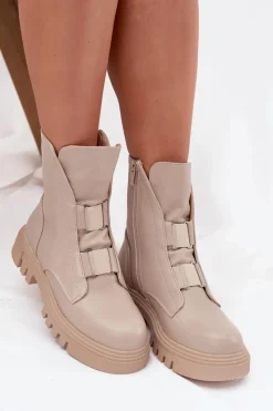 Hot Ocieplane Botki Workery Damskie Na Zamek Eko Skórzane Jasnobeżowe Mailyra Damskie Botki Zimowe Damskie|Brązowe I Beżowe Botki