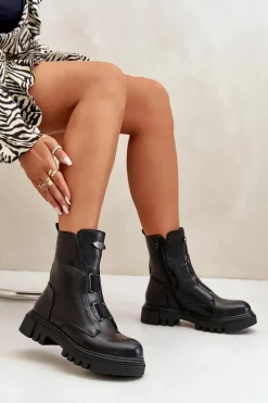 Botki Zimowe Damskie|Brązowe I Beżowe Botki>Boto Ocieplane Botki Workery Damskie Na Zamek Eko Skórzane Czarne Mailyra Czarny