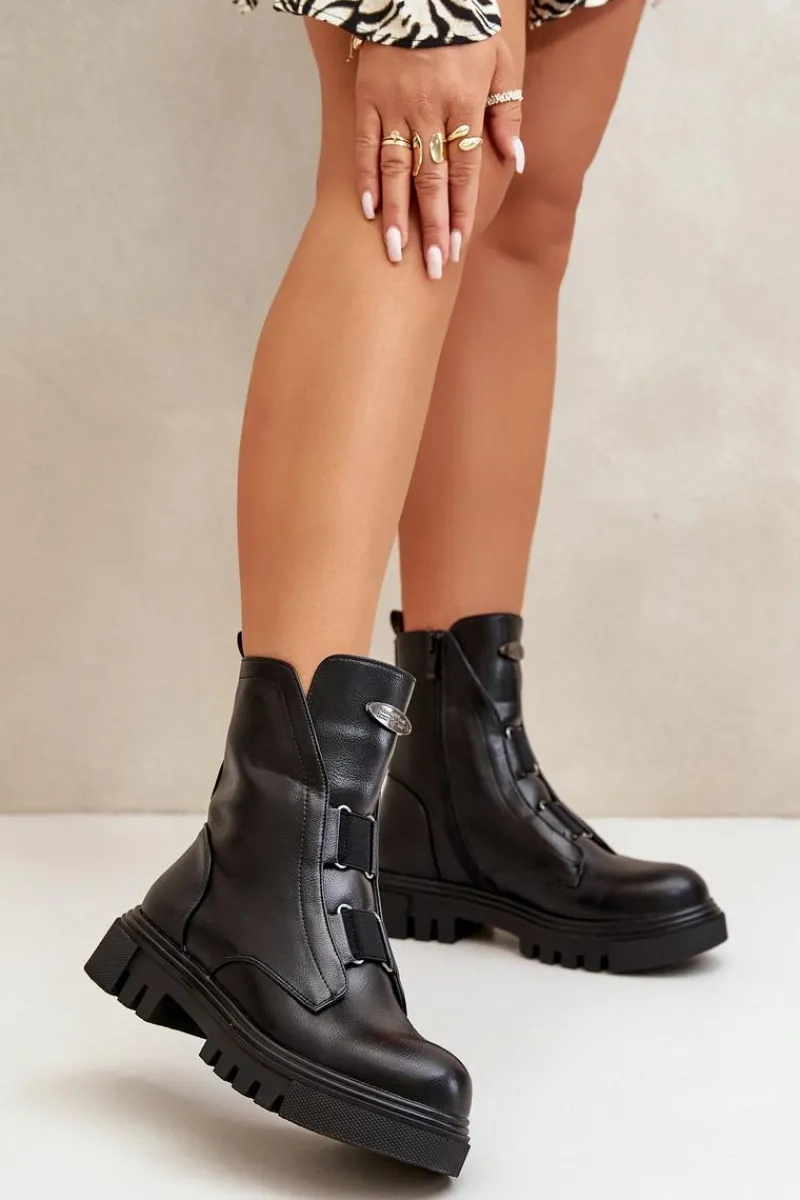 Botki Zimowe Damskie|Brązowe I Beżowe Botki>Boto Ocieplane Botki Workery Damskie Na Zamek Eko Skórzane Czarne Mailyra Czarny