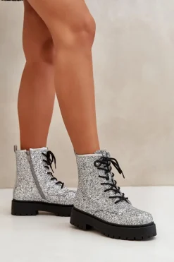 Sale Boto Ocieplane Botki Workery Damskie Ozdobione Cekinami Srebrne Liatheine