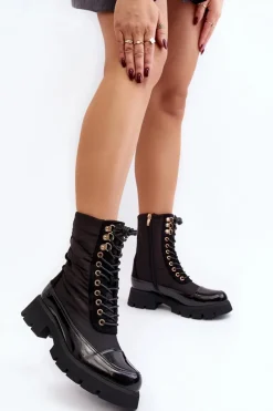 Best Ocieplane Botki Workery Na Płaskim Obcasie Czarne Saranema Damskie Botki Ocieplane|Botki Sznurowane