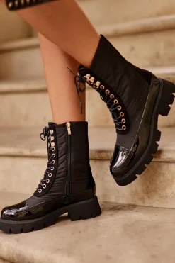 Best Ocieplane Botki Workery Na Płaskim Obcasie Czarne Saranema Damskie Botki Ocieplane|Botki Sznurowane