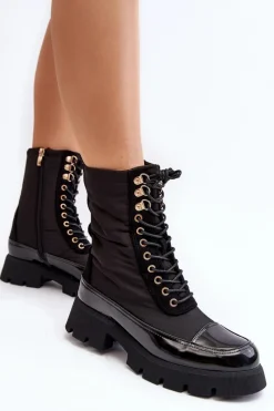 Best Ocieplane Botki Workery Na Płaskim Obcasie Czarne Saranema Damskie Botki Ocieplane|Botki Sznurowane