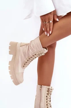 Hot Boto Ocieplane Botki Workery Na Płaskim Obcasie Beżowe Saranema