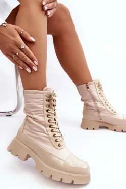 Hot Boto Ocieplane Botki Workery Na Płaskim Obcasie Beżowe Saranema