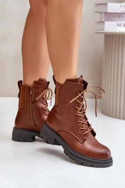 Ocieplane Botki Workery Na Zamek Brązowe Leairae Damskie Botki Ocieplane|Botki Zimowe Damskie