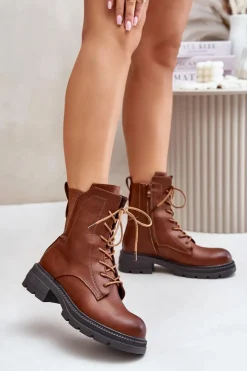 Ocieplane Botki Workery Na Zamek Brązowe Leairae Damskie Botki Ocieplane|Botki Zimowe Damskie