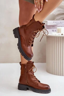 Ocieplane Botki Workery Na Zamek Brązowe Leairae Damskie Botki Ocieplane|Botki Zimowe Damskie