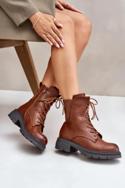 Ocieplane Botki Workery Na Zamek Brązowe Leairae Damskie Botki Ocieplane|Botki Zimowe Damskie