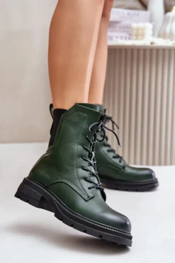 Botki Zimowe Damskie|Botki Płaskie>Boto Ocieplane Botki Workery Na Zamek Zielone Leairae