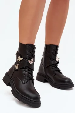 Best Boto Ocieplane Botki Workery Z Paskiem I Srebrnymi Przypinkami Czarne Kaelina