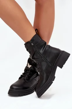 Best Boto Ocieplane Botki Workery Z Paskiem I Srebrnymi Przypinkami Czarne Kaelina