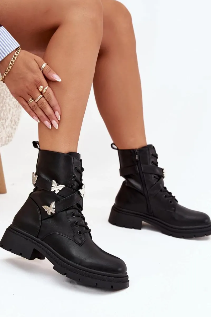 Best Boto Ocieplane Botki Workery Z Paskiem I Srebrnymi Przypinkami Czarne Kaelina