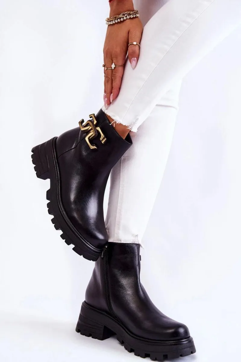 New Ocieplane Botki Workery Z Ozdobą 2500 Czarne Damskie Botki Skórzane|Czarne Botki