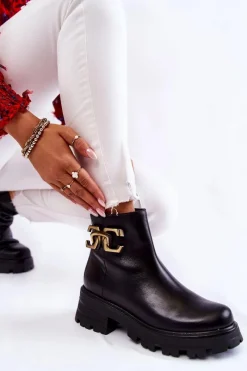 New Ocieplane Botki Workery Z Ozdobą 2500 Czarne Damskie Botki Skórzane|Czarne Botki