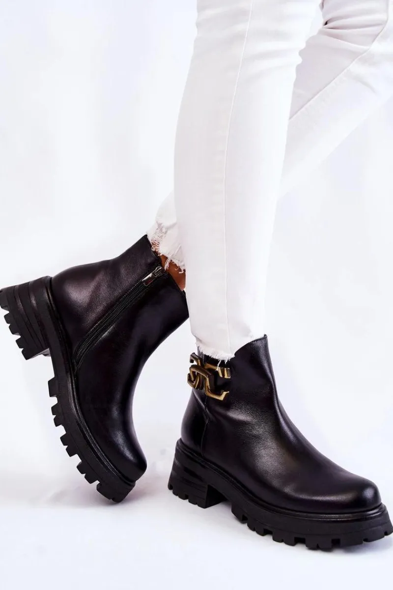 New Ocieplane Botki Workery Z Ozdobą 2500 Czarne Damskie Botki Skórzane|Czarne Botki