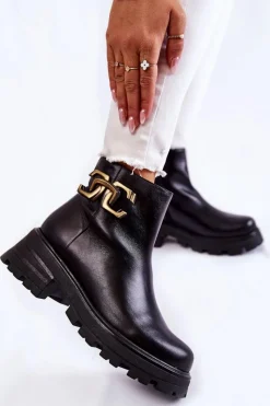 New Ocieplane Botki Workery Z Ozdobą 2500 Czarne Damskie Botki Skórzane|Czarne Botki