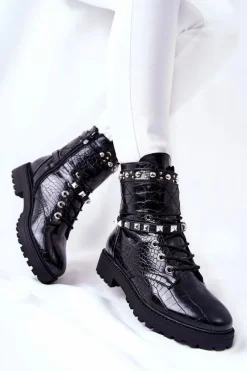 Best Ocieplane Botki Workery Z Ćwiekami Czarne Nephele Damskie Botki Sznurowane|Czarne Botki