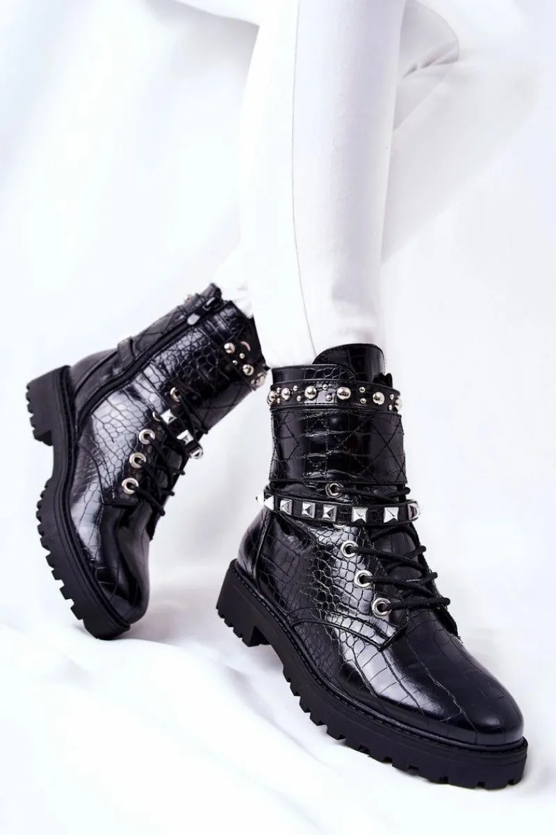 Best Ocieplane Botki Workery Z Ćwiekami Czarne Nephele Damskie Botki Sznurowane|Czarne Botki