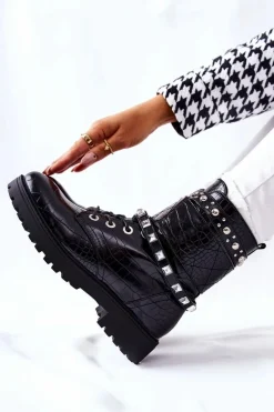 Best Ocieplane Botki Workery Z Ćwiekami Czarne Nephele Damskie Botki Sznurowane|Czarne Botki