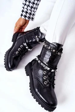 Best Ocieplane Botki Workery Z Ćwiekami Czarne Nephele Damskie Botki Sznurowane|Czarne Botki