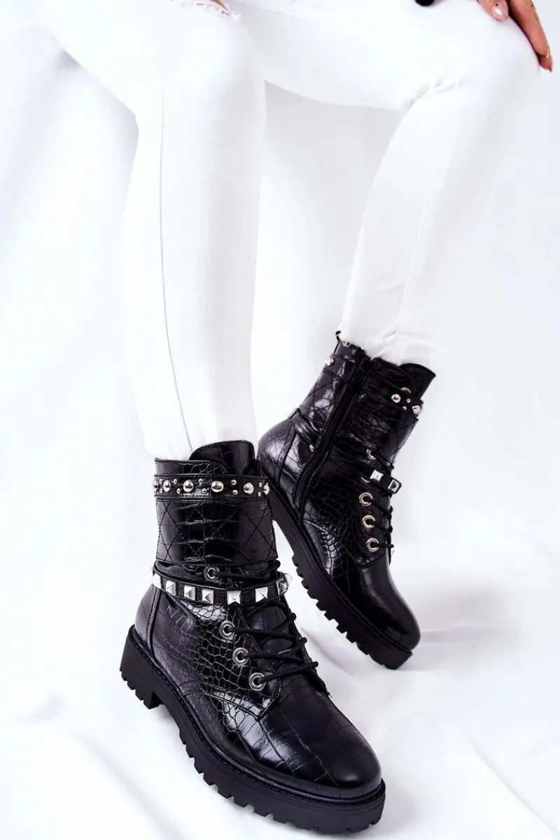 Best Ocieplane Botki Workery Z Ćwiekami Czarne Nephele Damskie Botki Sznurowane|Czarne Botki