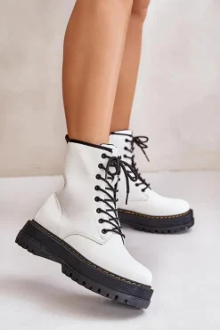 Ocieplane Botki Workery z Eko Skóry Na Zamek Białe Naleli Damskie Botki Ocieplane|Botki Sznurowane