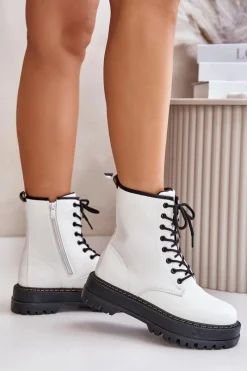 Ocieplane Botki Workery z Eko Skóry Na Zamek Białe Naleli Damskie Botki Ocieplane|Botki Sznurowane