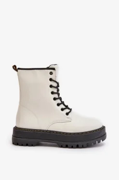 Ocieplane Botki Workery z Eko Skóry Na Zamek Białe Naleli Damskie Botki Ocieplane|Botki Sznurowane