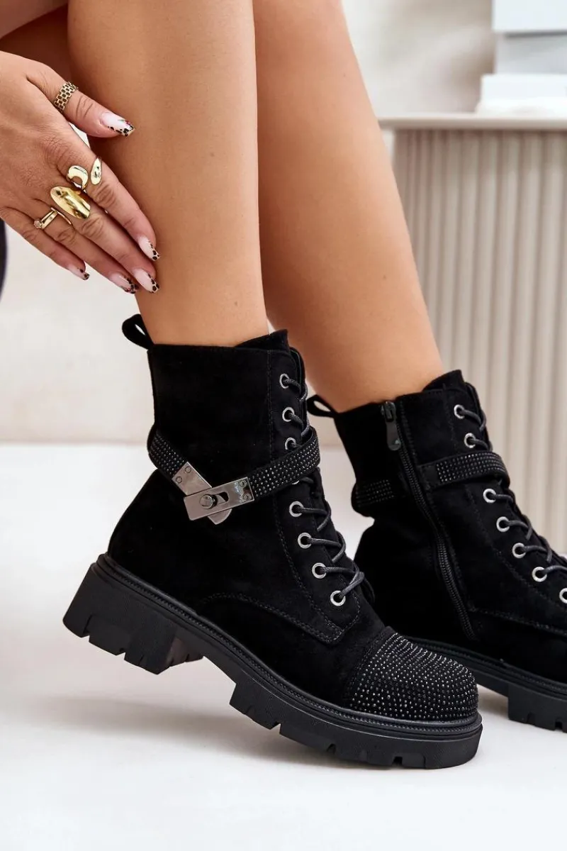 Hot Damskie buty S.Barski Ocieplane Botki Workery Ze Zdobieniem S.Barski HY42-281 Czarne