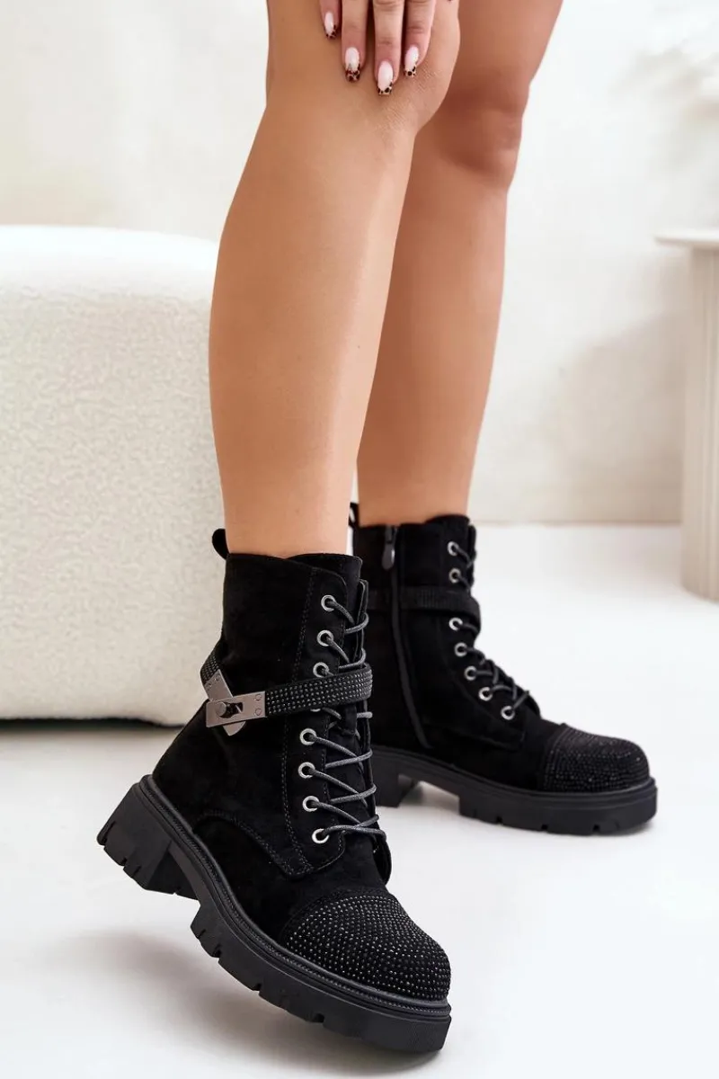 Hot Damskie buty S.Barski Ocieplane Botki Workery Ze Zdobieniem S.Barski HY42-281 Czarne