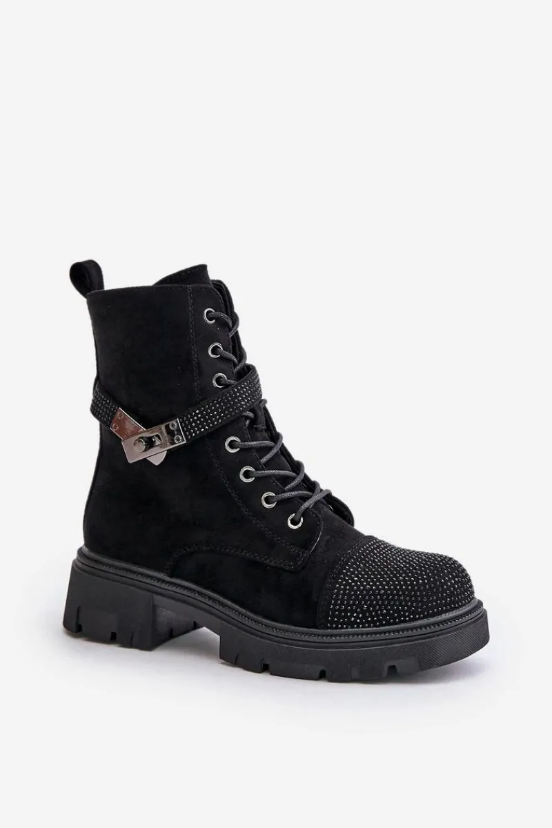 Hot Damskie buty S.Barski Ocieplane Botki Workery Ze Zdobieniem S.Barski HY42-281 Czarne