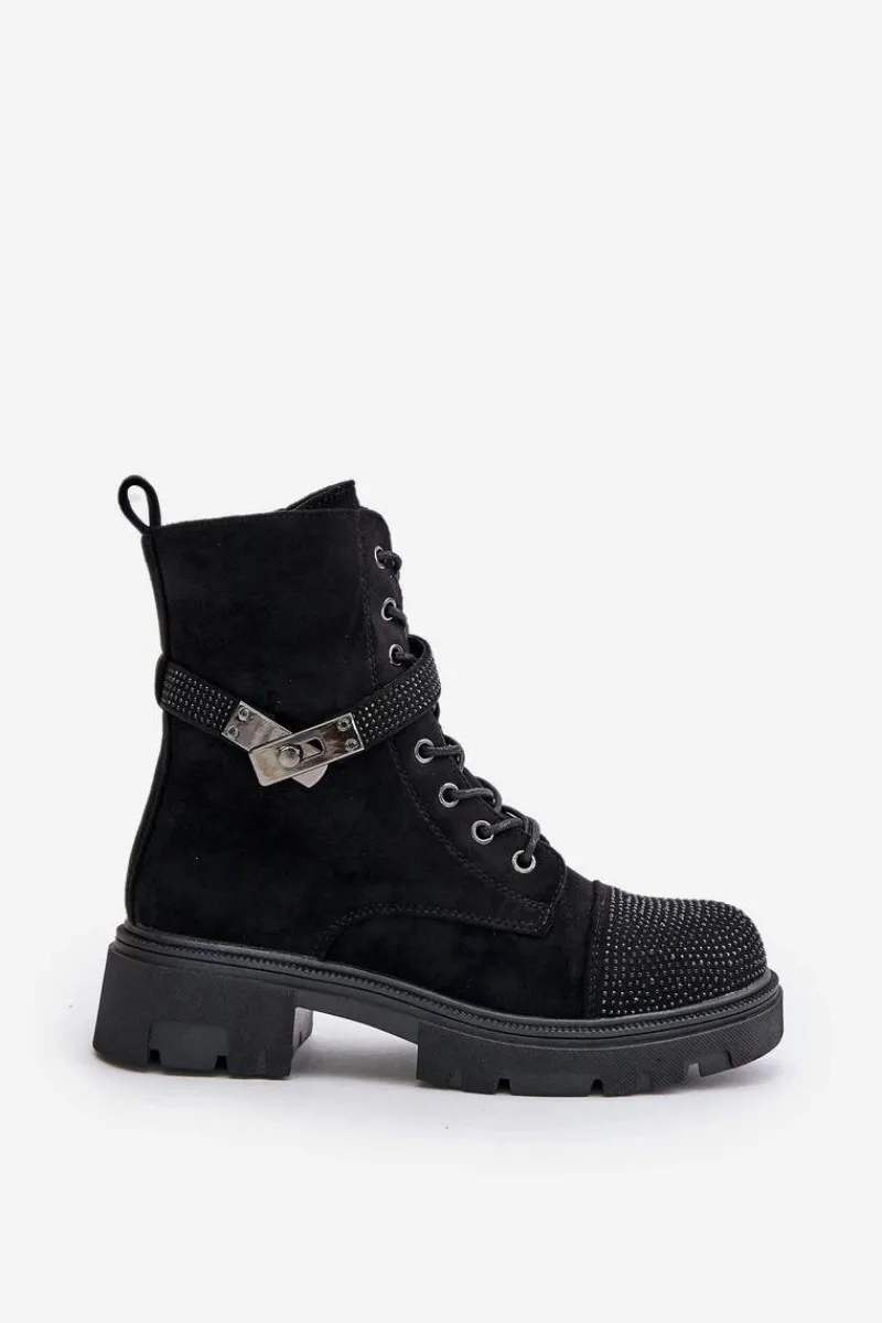 Hot Damskie buty S.Barski Ocieplane Botki Workery Ze Zdobieniem S.Barski HY42-281 Czarne