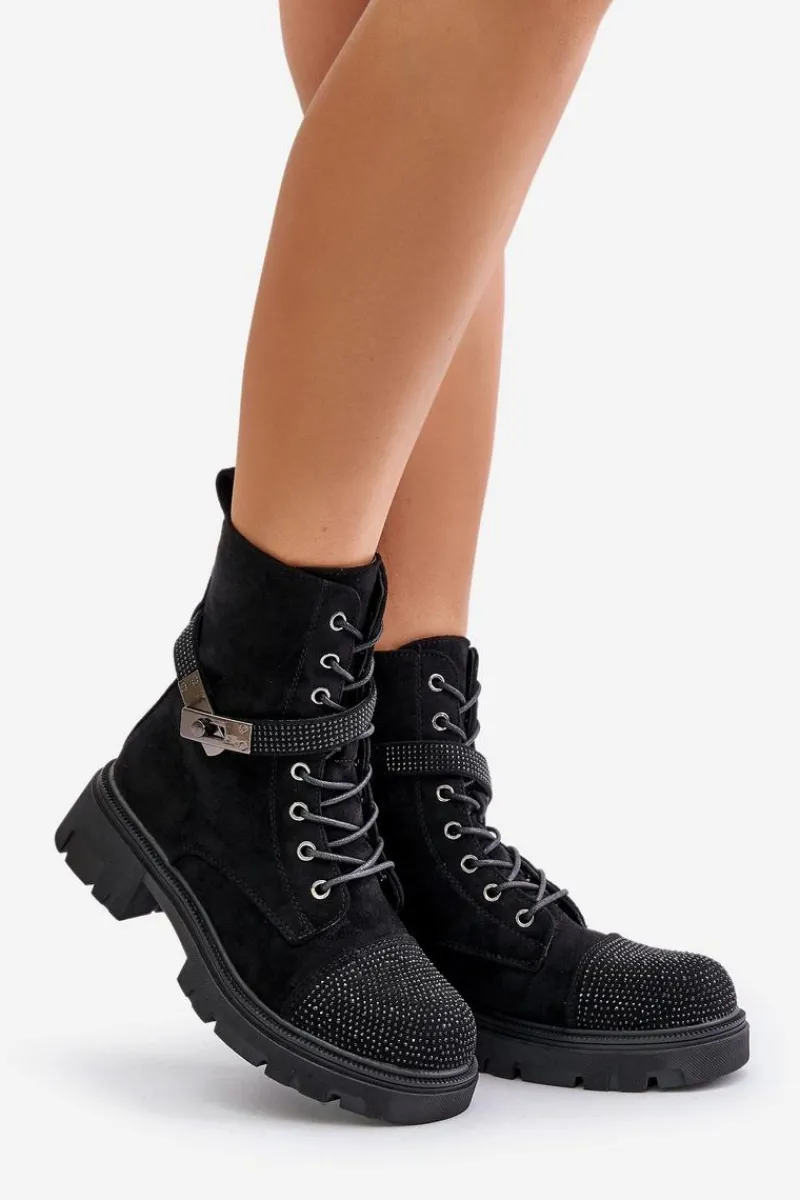 Hot Damskie buty S.Barski Ocieplane Botki Workery Ze Zdobieniem S.Barski HY42-281 Czarne