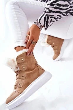 Outlet Boto Ocieplane Botki Z Futerkiem Beżowe Hoppy