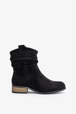 Sale Ocieplane Botki Z Marszczeniem Na Niskim Obcasie Czarne Elletinnia Damskie Botki Ocieplane|Brązowe I Beżowe Botki