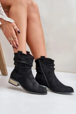 Sale Ocieplane Botki Z Marszczeniem Na Niskim Obcasie Czarne Elletinnia Damskie Botki Ocieplane|Brązowe I Beżowe Botki