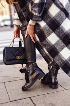 New Ocieplane Botki Z Metalowymi Perełkami I Wstążką Czarne Perla Damskie Botki Sznurowane|Czarne Botki