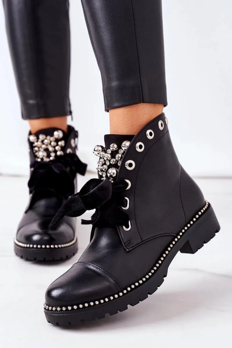 Sale Boto Ocieplane Botki Z Metalowymi Perełkami, Dżetami I Wstążką Czarne Perla