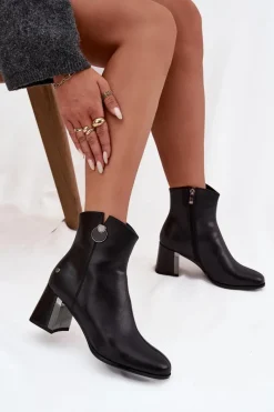 Sale Ocieplane Botki Z Naturalnej Skóry Na Słupku K7203-04 Czarne Damskie Botki Maciejka|Botki Skórzane