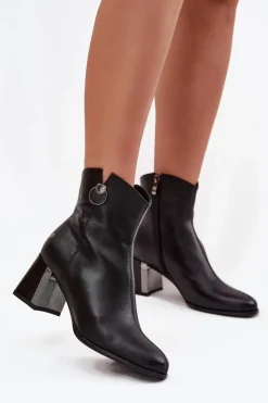 Sale Ocieplane Botki Z Naturalnej Skóry Na Słupku K7203-04 Czarne Damskie Botki Maciejka|Botki Skórzane
